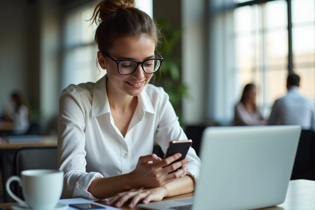 Jeune salariée se connectant à son espace PaiePilote depuis un smartphone dans un espace de coworking