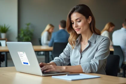 Femme connectée à son espace salarié en ligne sur un portail de paie depuis un ordinateur portable au bureau