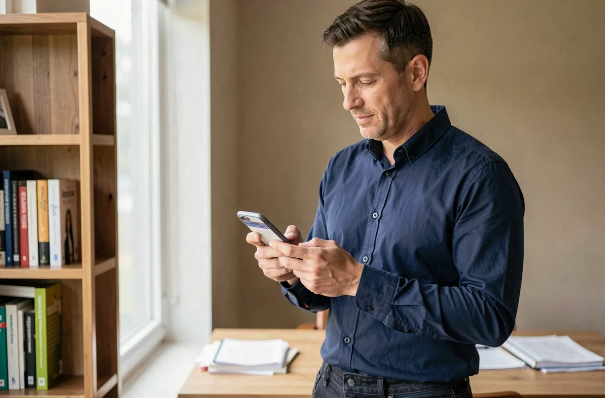 Homme utilisant l'application mobile Octime sur smartphone depuis son domicile