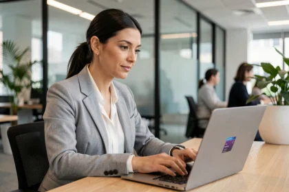 Femme professionnelle connectée à Octime sur un ordinateur portable dans un bureau moderne