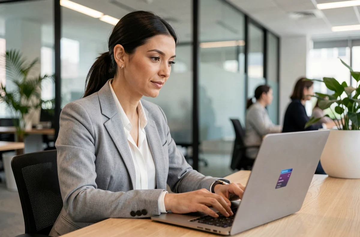 Femme professionnelle connectée à Octime sur un ordinateur portable dans un bureau moderne