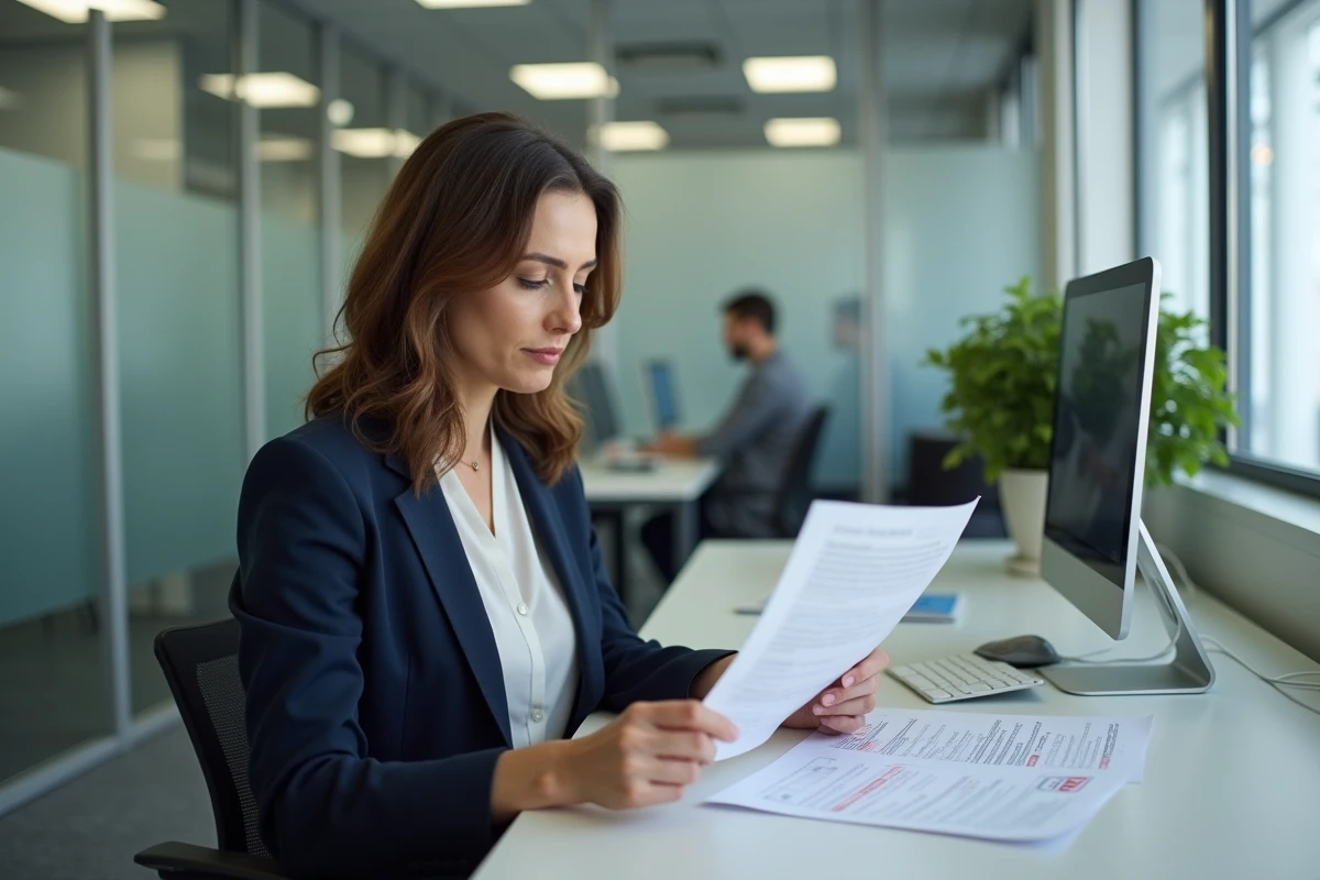 Conseillère France Travail en catégorie 3 examinant des documents administratifs dans une agence pour l'emploi moderne