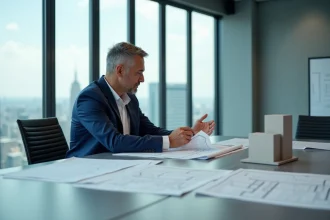 Consultant immobilier analysant des plans d'architecte dans un bureau moderne avec vue sur la ville