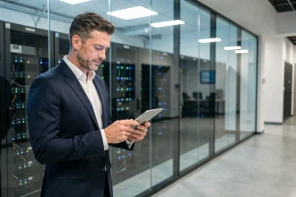 Consultant IT masculin examinant des données critiques devant une salle de serveurs professionnelle pour un projet informatique externalisé