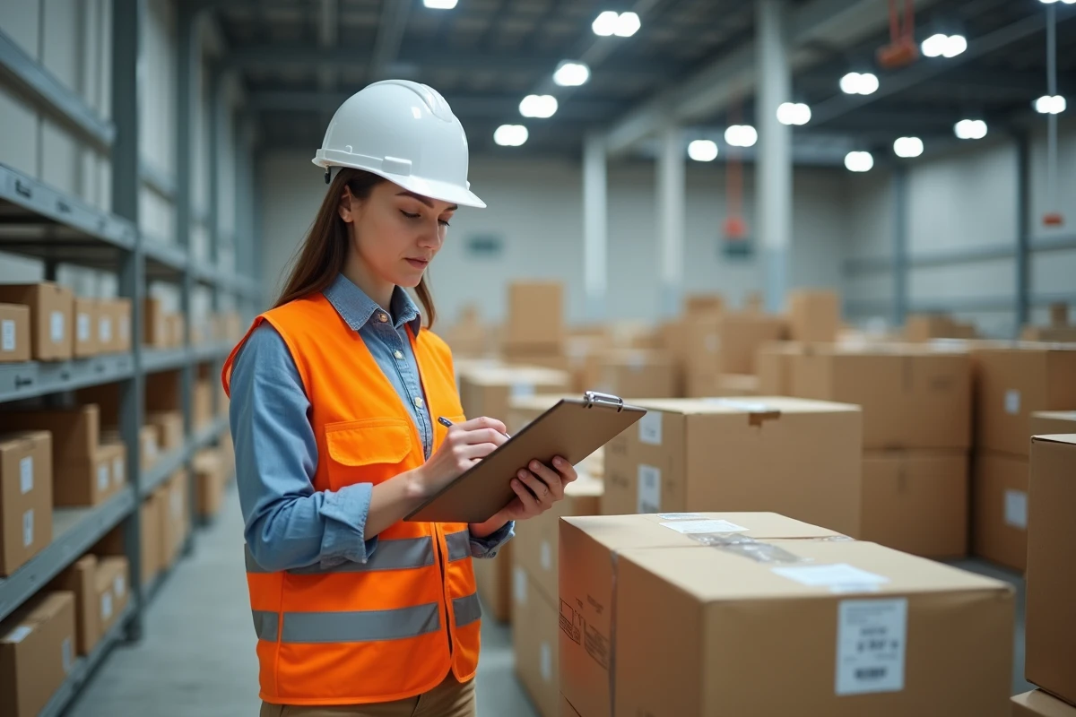 Jeune femme gestionnaire v&eacute;rifiant livraison &eacute;lectrique en int&eacute;rieur