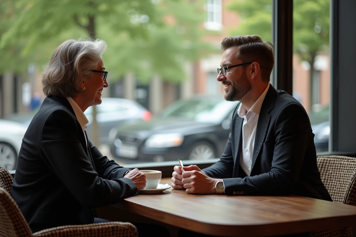 Femme en costume discutant avec un banquier dans un café