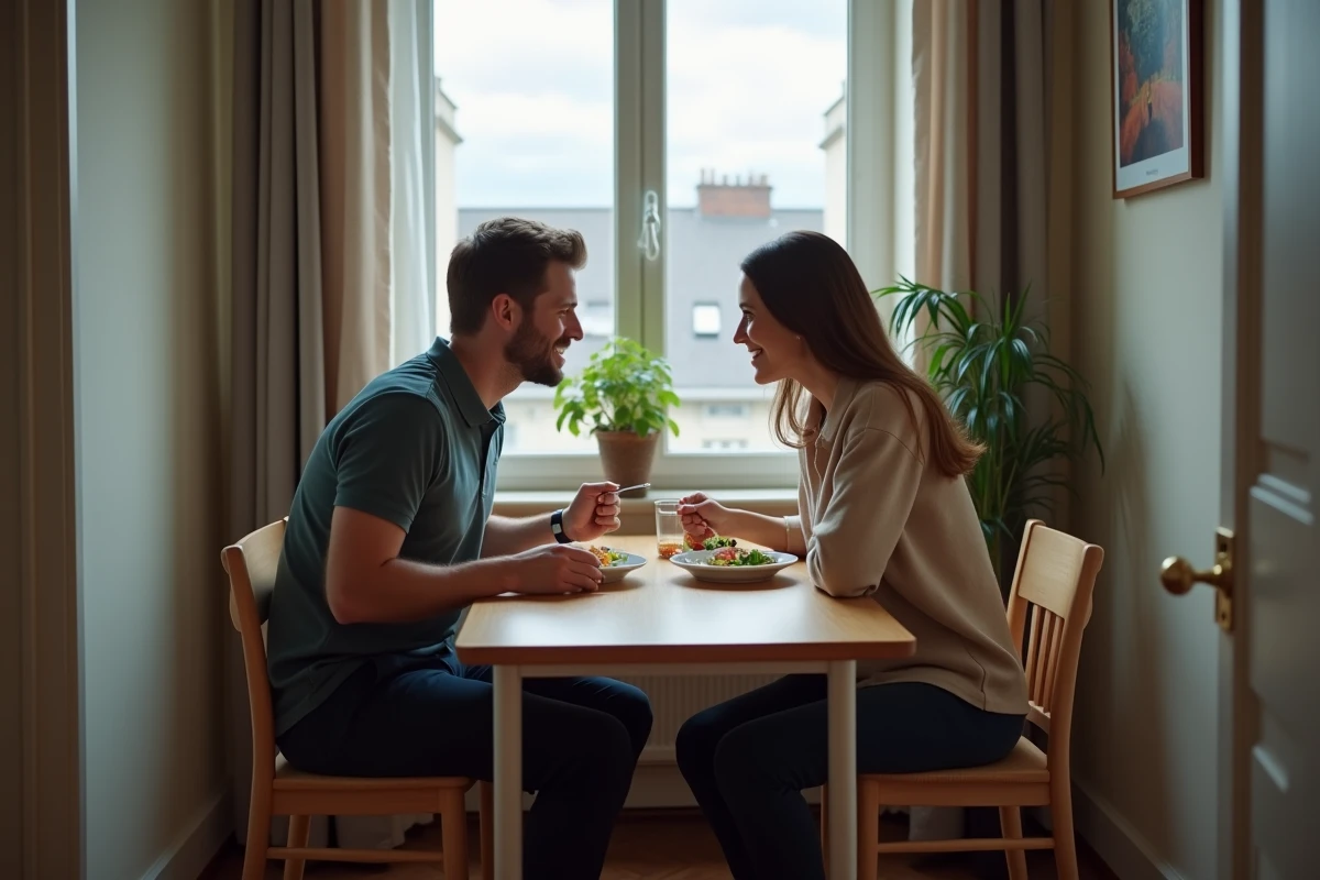 Couple profitant d'un repas partagé entre deux postes de travail, équilibre vie professionnelle et vie de famille avec horaires alternants