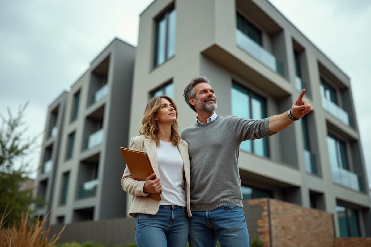 Couple visitant un immeuble résidentiel neuf lors d'un projet immobilier en 2026