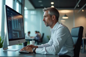Courtier en assurance travaillant sur l'extranet AXA depuis son bureau professionnel avec double écran