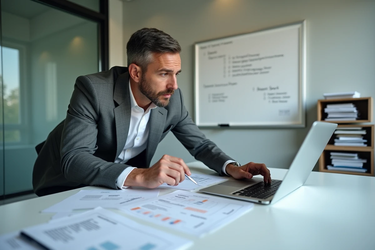 Courtier en assurance consultant des documents téléchargés depuis l'extranet AXA courtage lors d'une réunion professionnelle