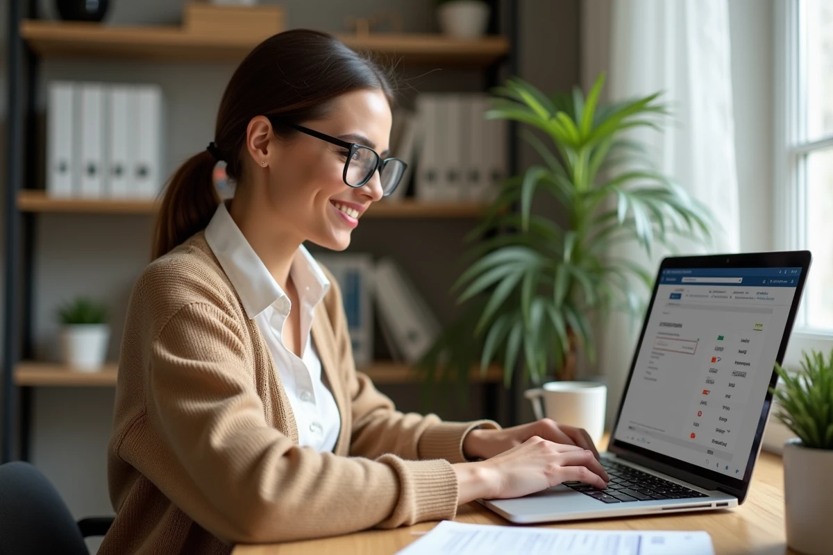 Courtière accédant aux services et documents en ligne de l'extranet AXA depuis son bureau à domicile