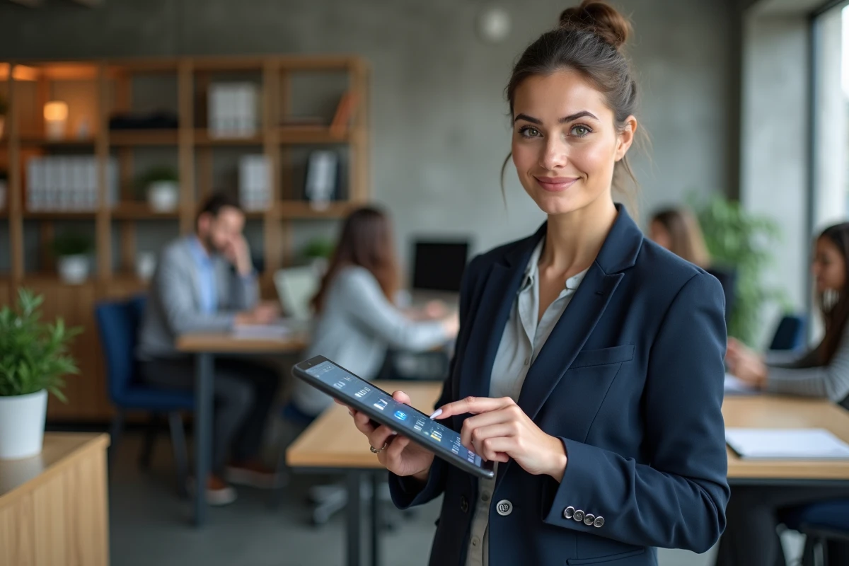 Courtière en assurance consultant l'extranet AXA sur tablette dans un espace de travail moderne