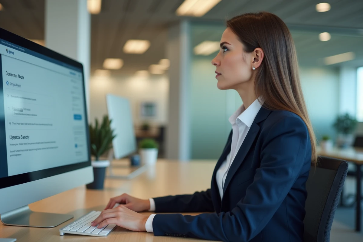 Courtière en assurance accédant à l'extranet AXA courtage sur un ordinateur de bureau dans un bureau professionnel moderne