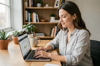 Femme créant son compte Arkevia coffre numérique sur un ordinateur portable dans un bureau à domicile