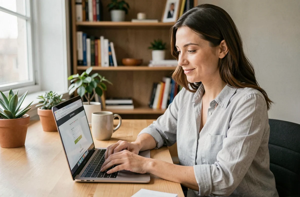 Femme créant son compte Arkevia coffre numérique sur un ordinateur portable dans un bureau à domicile