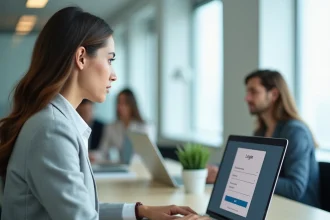 Femme professionnelle créant son identifiant de connexion sur un portail RH depuis un ordinateur portable au bureau
