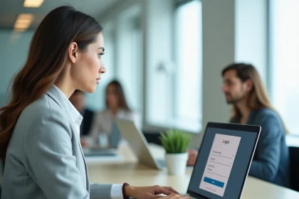 Femme professionnelle créant son identifiant de connexion sur un portail RH depuis un ordinateur portable au bureau