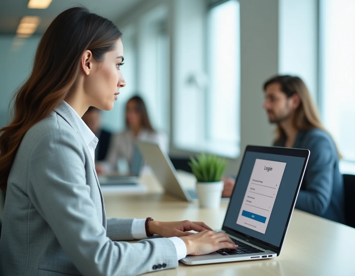 Femme professionnelle créant son identifiant de connexion sur un portail RH depuis un ordinateur portable au bureau