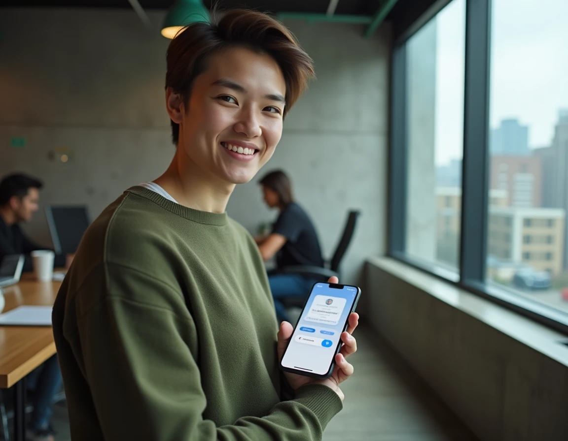Jeune professionnel créant son identifiant Nibelis sur smartphone dans un espace de coworking moderne