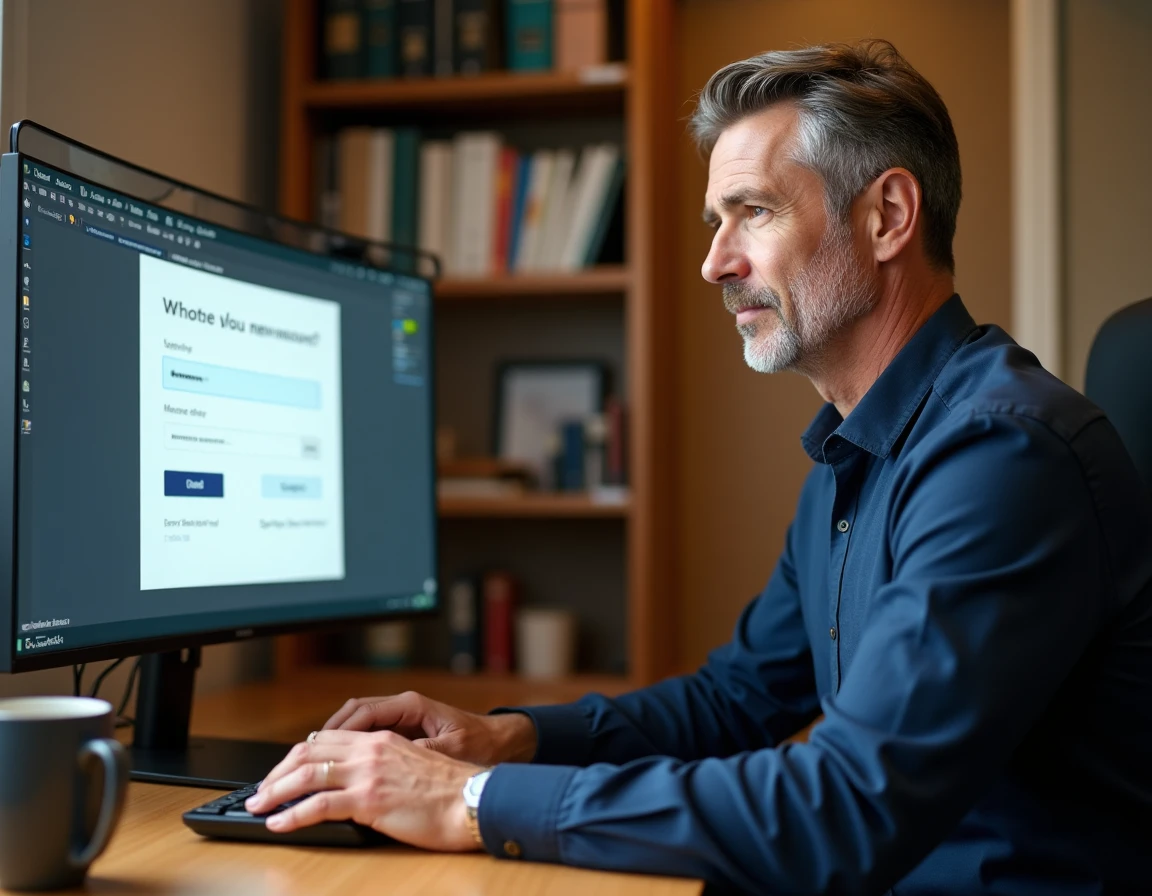 Homme configurant son premier identifiant sur un portail en ligne depuis un ordinateur de bureau à domicile