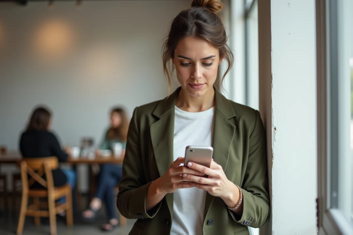 Créatrice de contenu consultant Instagram Insights debout dans un café pour optimiser ses horaires de publication