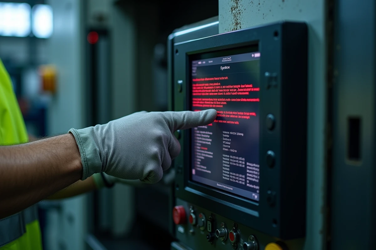 Écran de commande CNC affichant un message d'erreur de programmation avec technicien en atelier