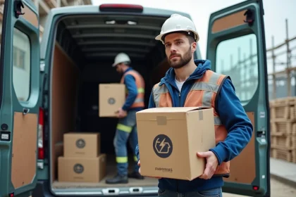 &Eacute;lectricien homme en chantier urbain avec van et mat&eacute;riel
