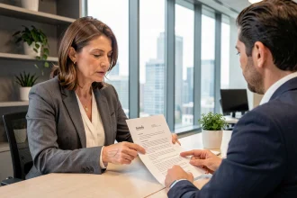Une employée discute de son passage à temps partiel avec un responsable RH en consultant un contrat de travail imprimé dans un bureau moderne