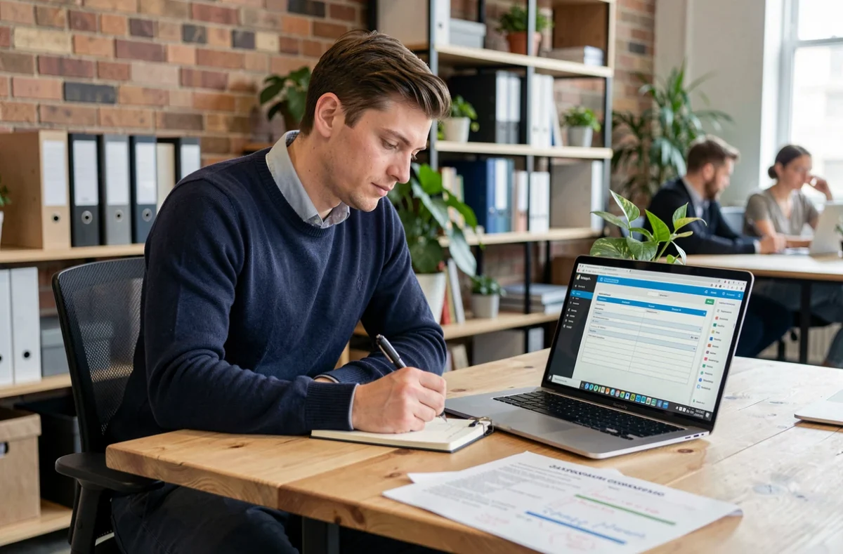 Jeune dirigeant constituant un dossier ALSACE CAHR sur ordinateur dans un espace de coworking