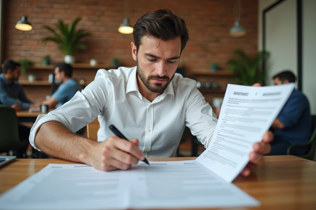 Entrepreneur vérifiant les informations d'un document Kbis Urssaf dans un espace de coworking