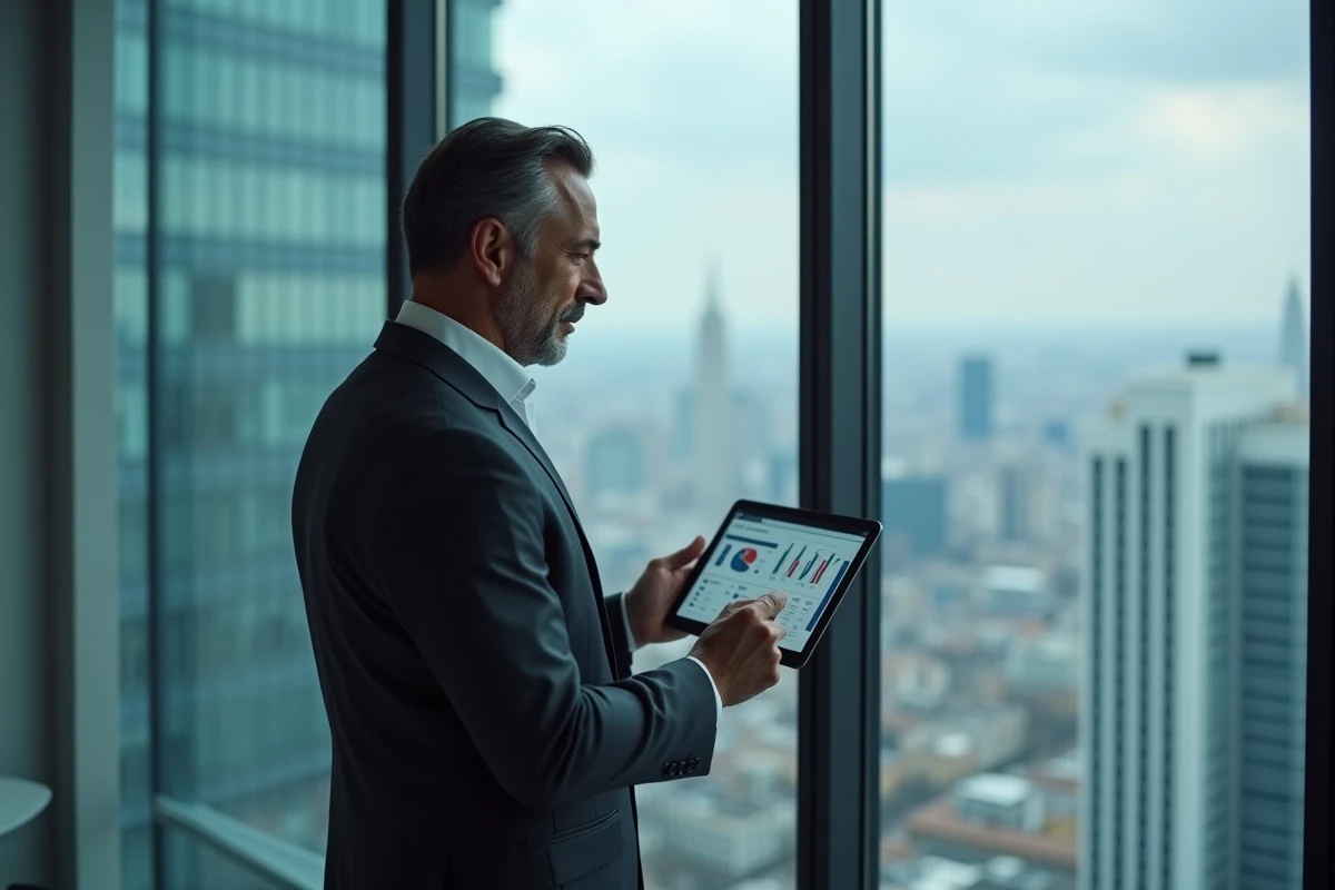 Chef d'entreprise consultant une plateforme CRM sur tablette devant une vue urbaine, illustrant la gestion de leads B2B