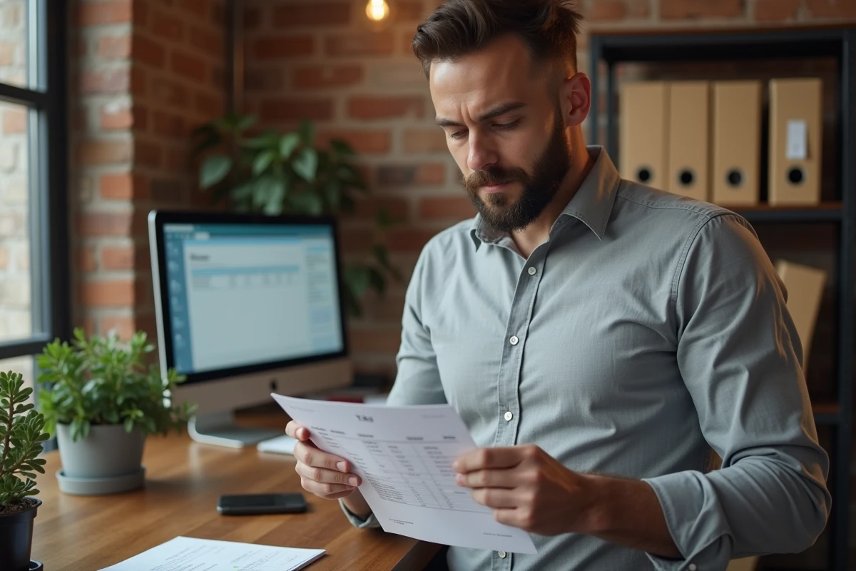 Entrepreneur masculin comparant une facture imprimée et une interface de TVA sur tablette dans un espace comptable professionnel