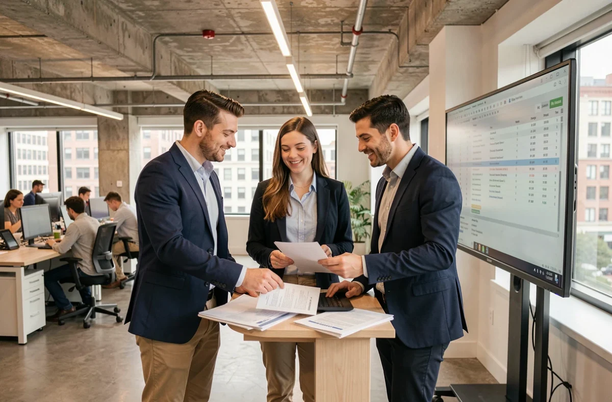 Équipe de jeunes auditeurs Big 4 collaborant autour d'un bureau en open space dans un cabinet d'audit