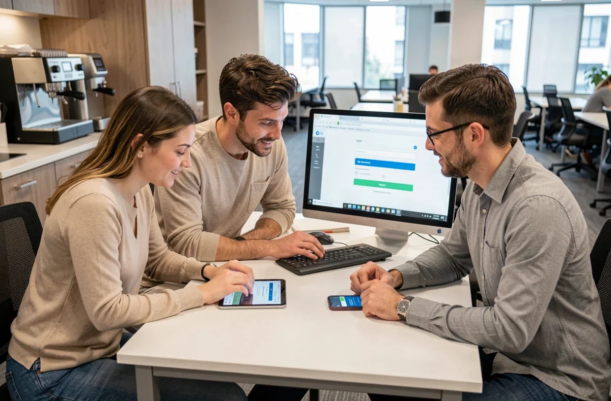 Équipe de collègues accédant à Octime sur différents appareils numériques en entreprise