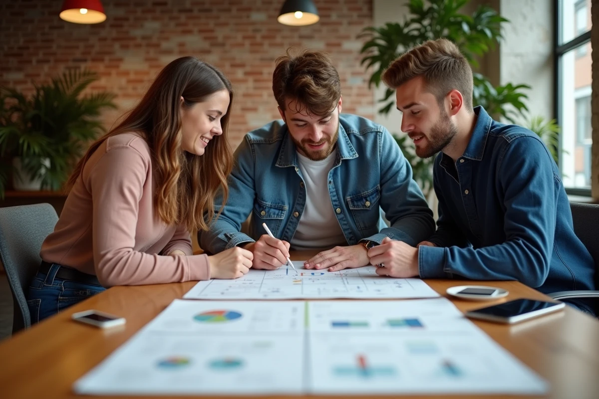 Equipe collabore autour d une carte client en coworking