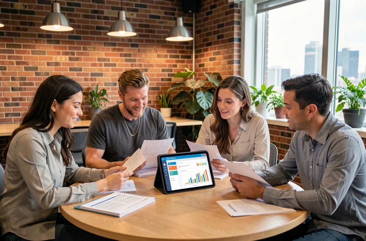 Équipe professionnelle diversifiée analysant des indicateurs de performance sur une plateforme de gestion collaborative