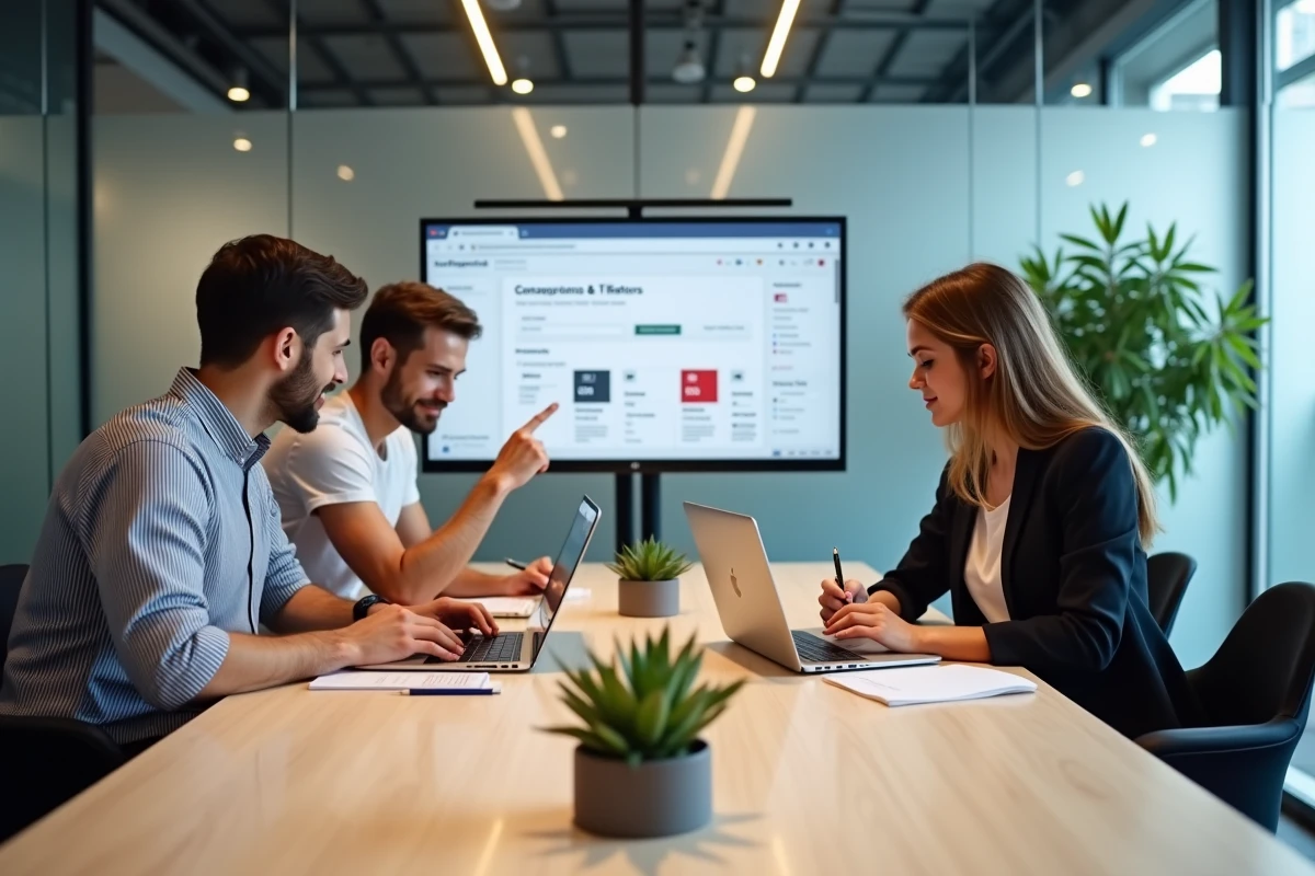 Équipe de graphistes en agence collaborant autour d'un tableau de bord Envato Elements lors d'une réunion créative