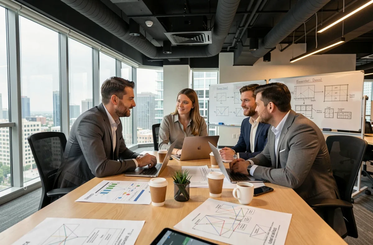 Équipe de professionnels IT en réunion stratégique autour de plans de projets informatiques critiques dans un bureau moderne