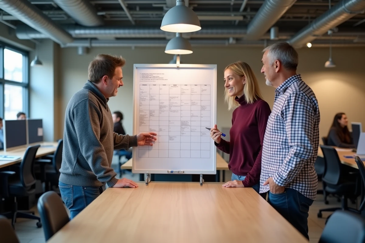 Équipe de collègues analysant un planning annuel 2026 sur un tableau blanc dans un espace de coworking