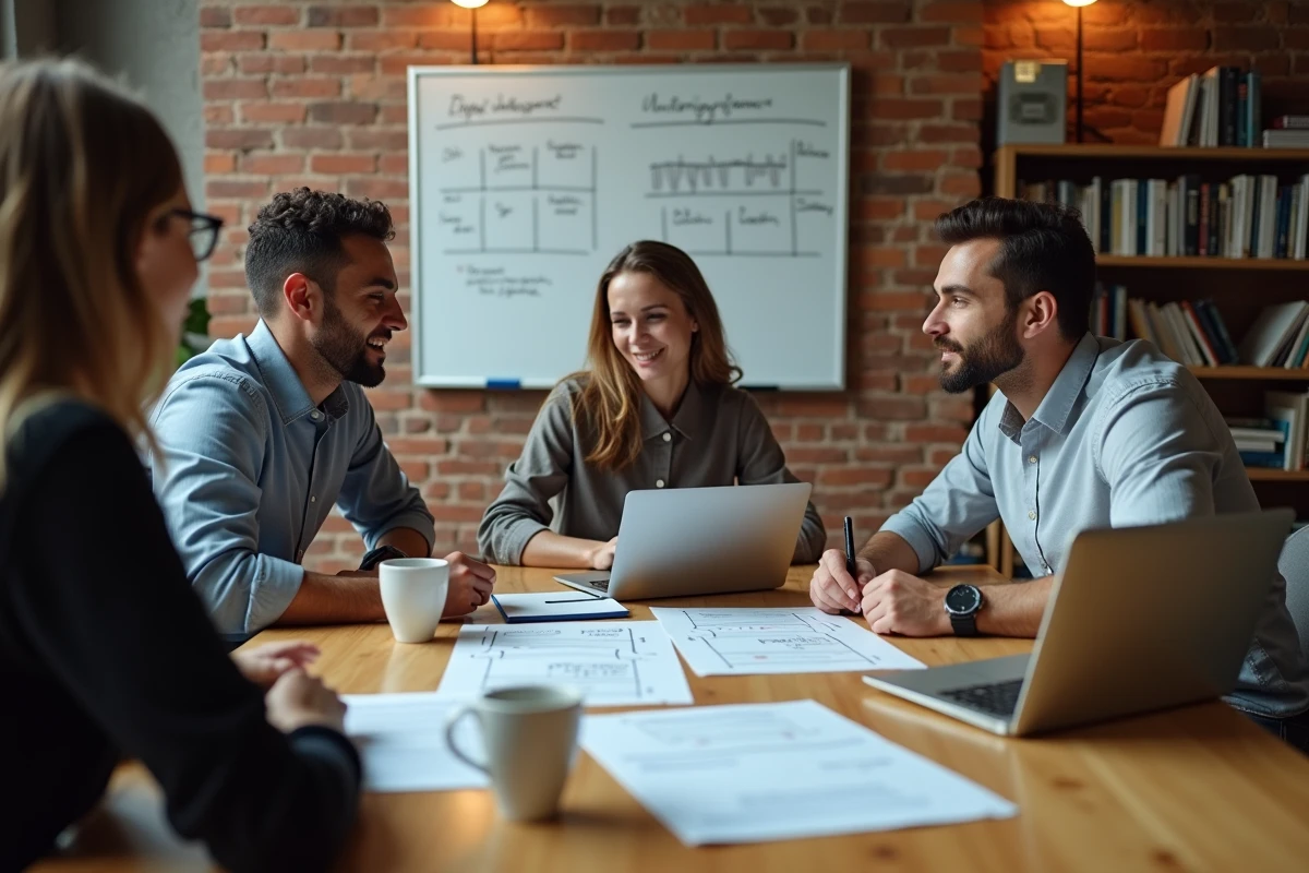 Équipe professionnelle en réunion comparant les options d'abonnement B2Btoday et de veille stratégique maison