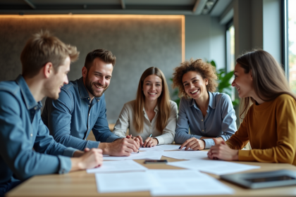 Groupe de jeunes professionnels en r&eacute;union dans un bureau moderne