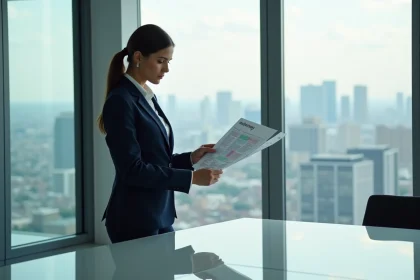 Femme d'affaires en costume regardant une matrice McKinsey