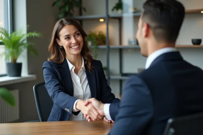 Femme d'affaires serrant la main d'un coll&egrave;gue dans un bureau