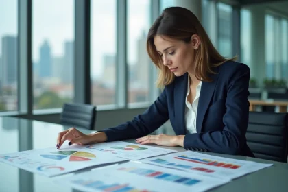 Femme d'affaires analysant des graphiques strat&eacute;giques dans un bureau