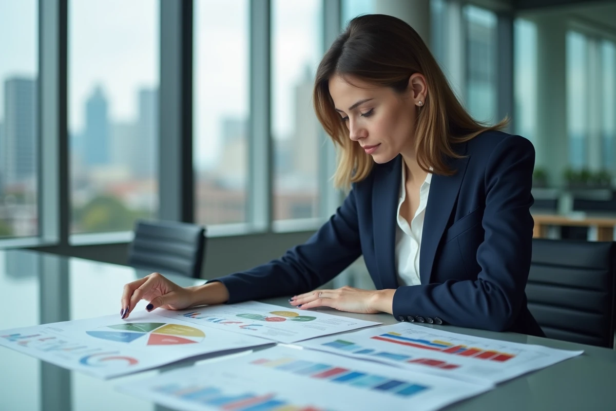 Femme d'affaires analysant des graphiques stratégiques dans un bureau