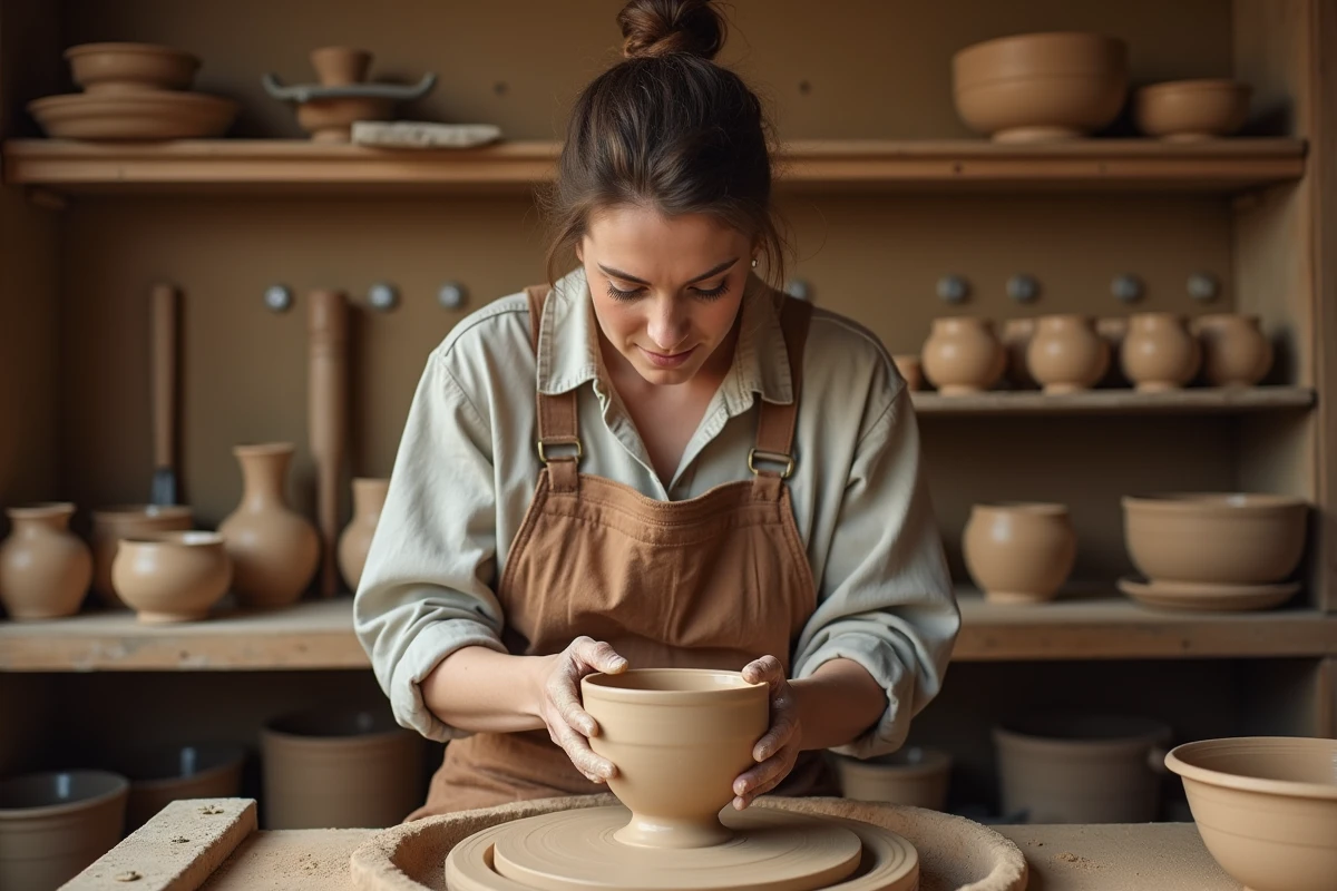 Femme artisane potière façonnant un bol en céramique sur un tour dans son atelier artisanal