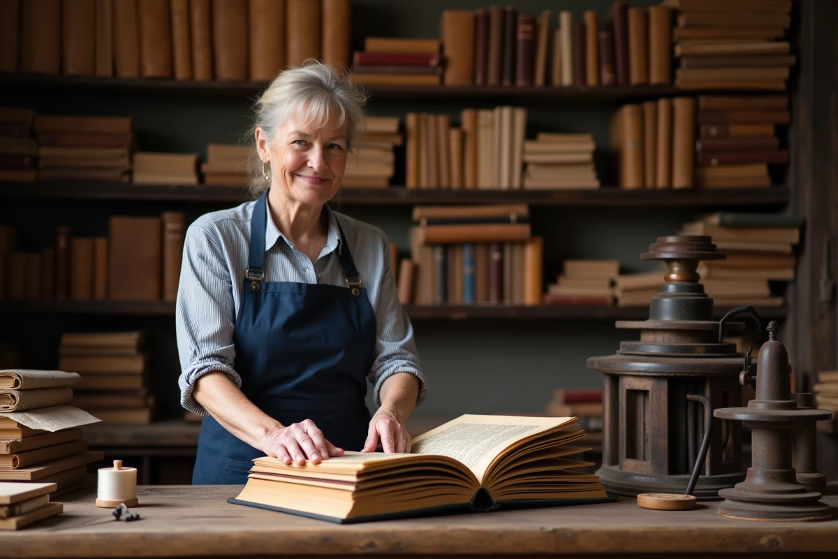 Femme artisane relieuse arrangeant un livre relié main dans un atelier de reliure traditionnelle