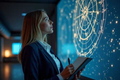 Femme regardant une carte des &eacute;toiles dans un observatoire