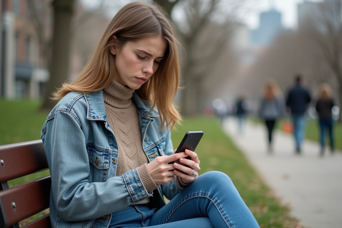 Jeune femme alert&eacute;e regardant son smartphone en plein air