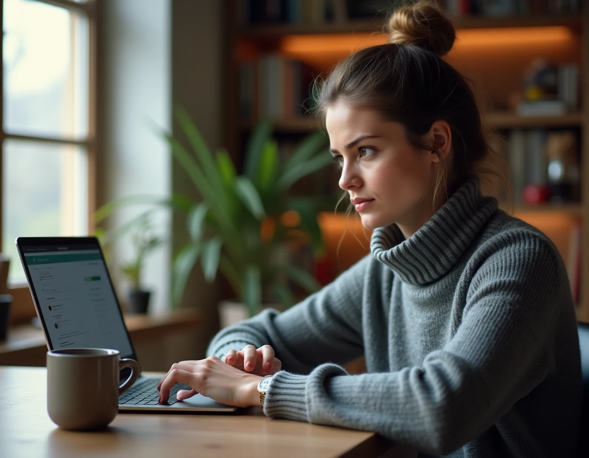 Femme consultant des avis clients sur un forum en ligne à propos d'un produit commercialisé, assise à son bureau à domicile